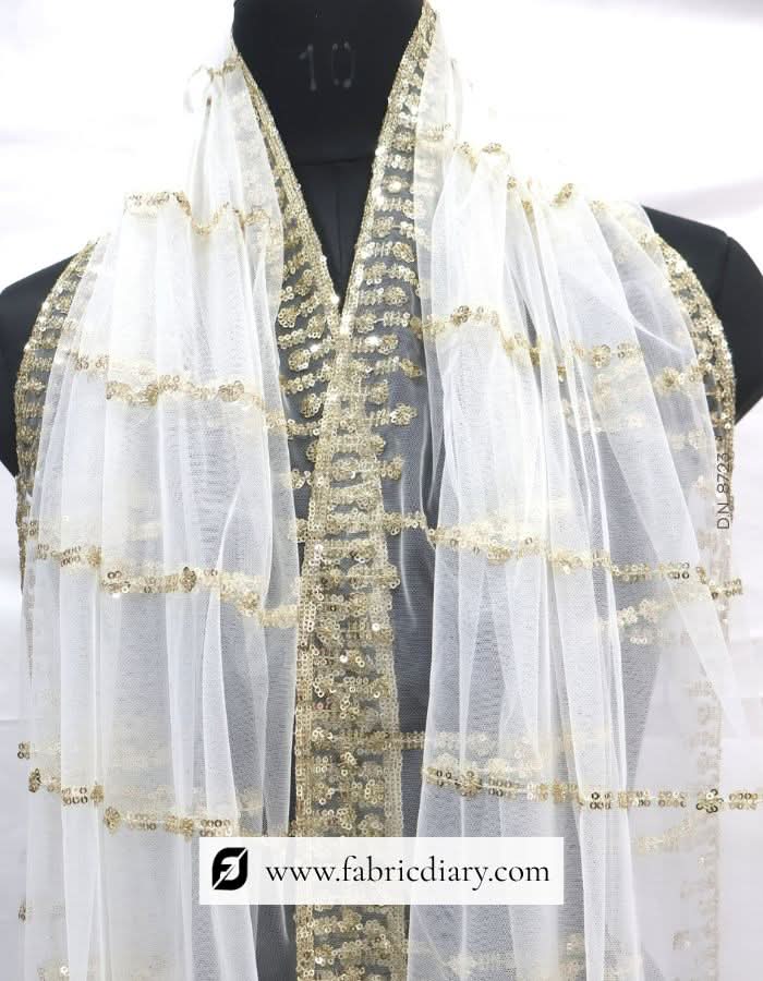 Designer dyeable net scarf – golden sequin embroidery for gowns