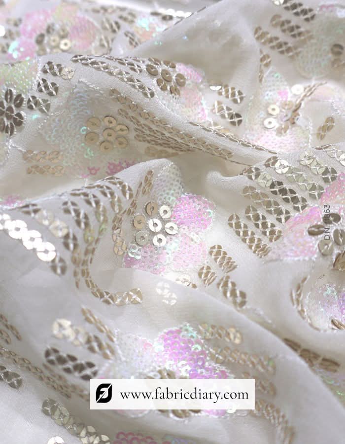 Floral Pink and Lined Gold Sequin Fabric for Luxurious Apparel – #863