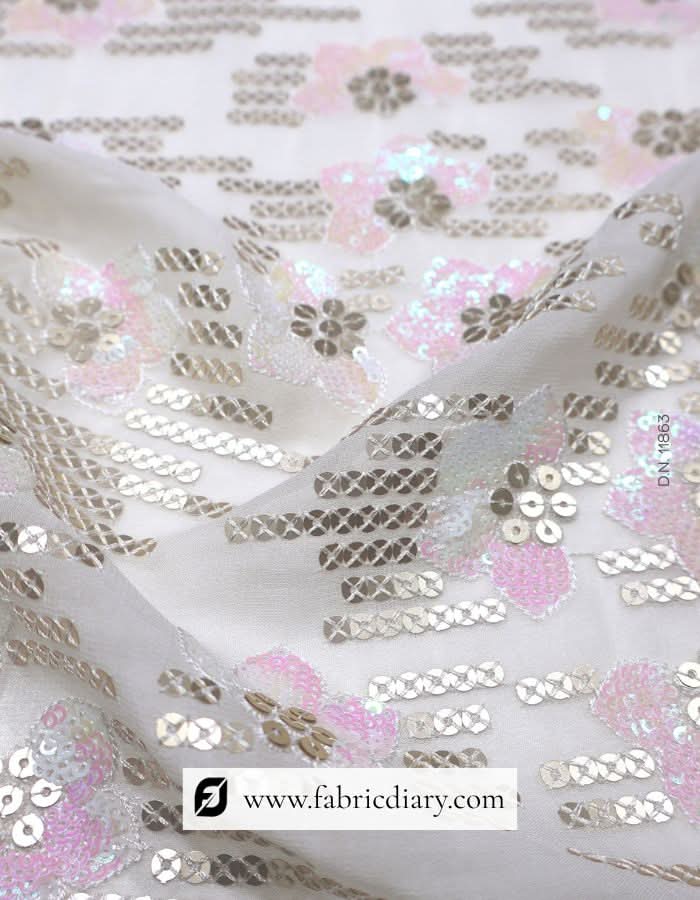 Floral Pink and Lined Gold Sequin Fabric for Luxurious Apparel – #863