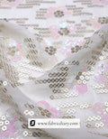 Floral pink fabric with lined gold sequins – embroidered material for luxe garments