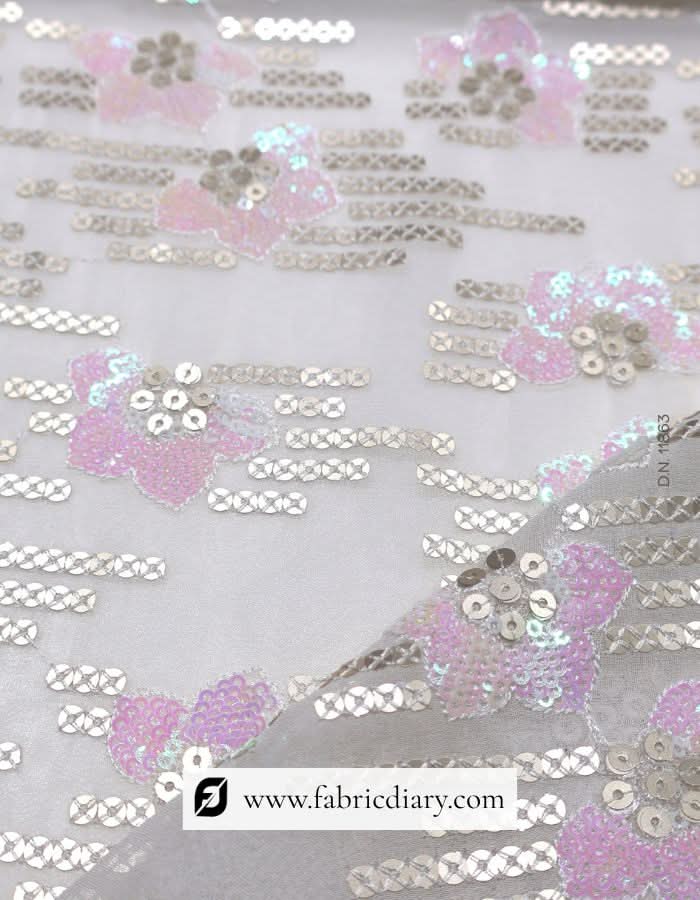 Gold lined sequin fabric with floral pink design – for premium women’s dresses