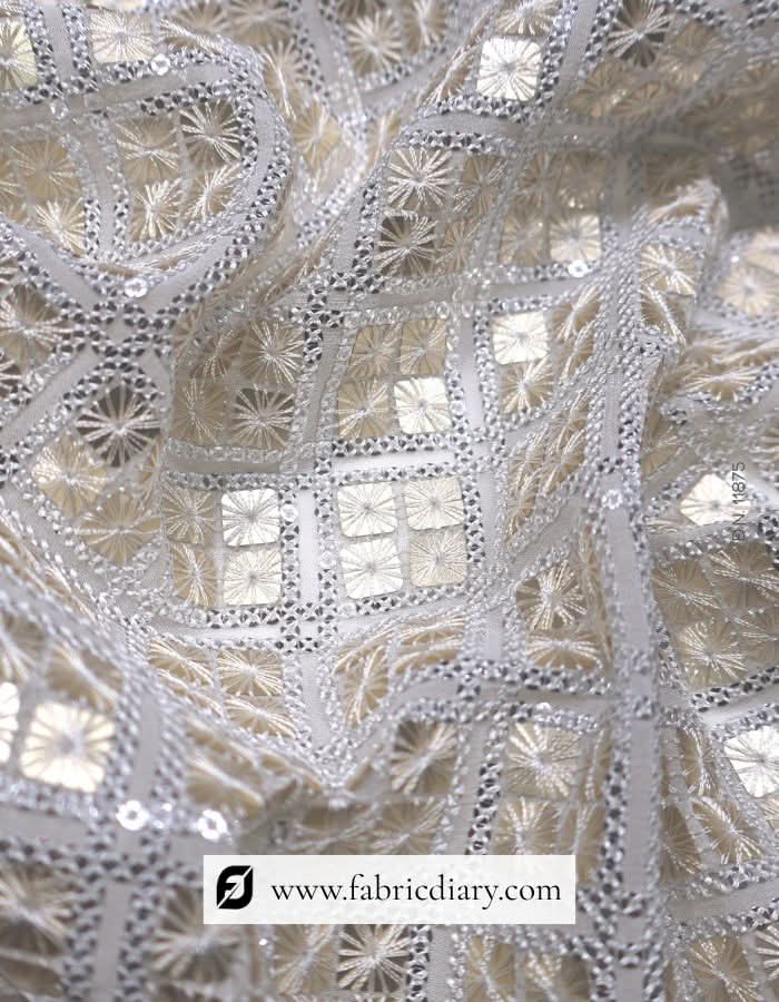 Four Square Golden and 3mm Silver Sequins Embroidered Fabric – #875