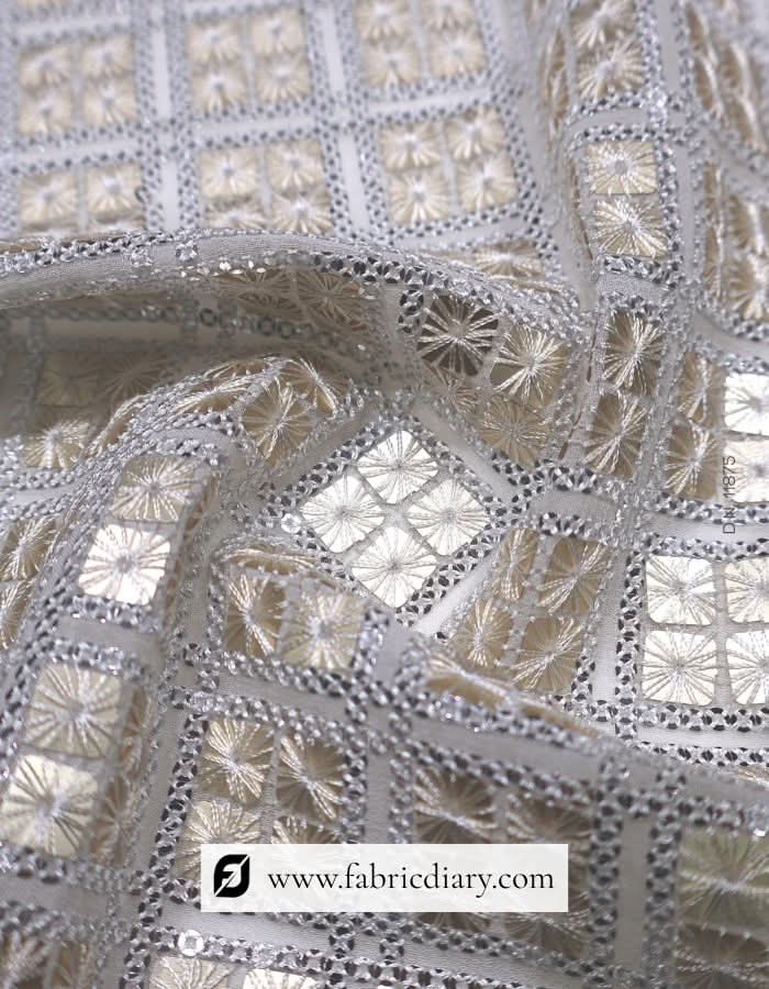 Four Square Golden and 3mm Silver Sequins Embroidered Fabric – #875