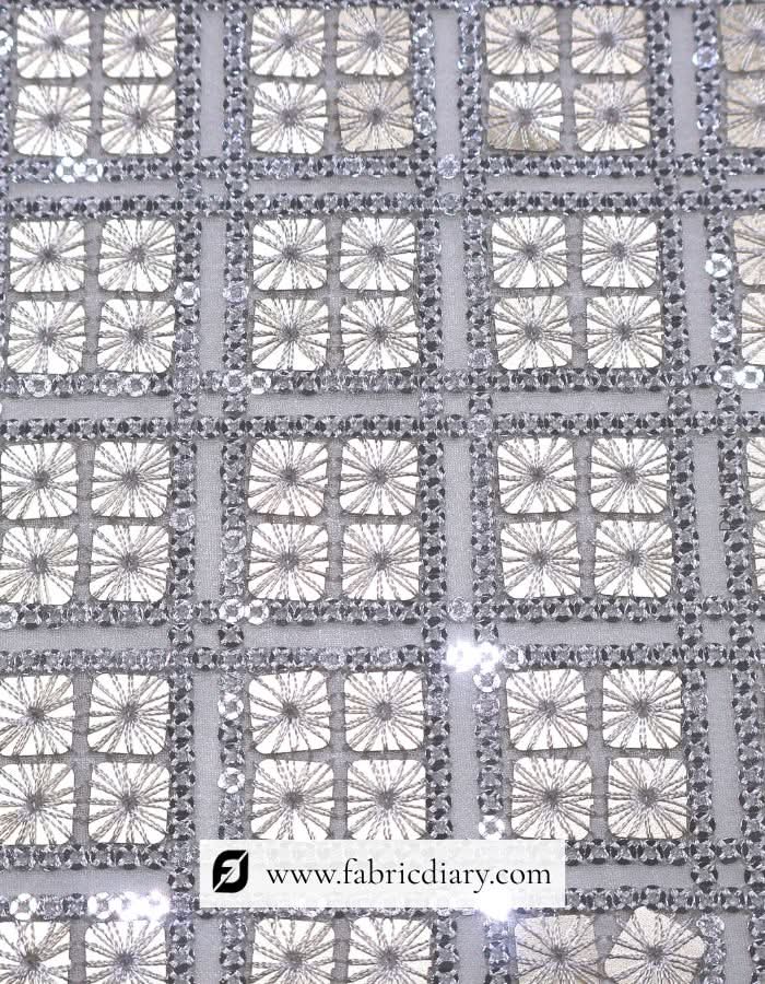 Golden silver sequin fabric – geometric embroidery for dresses and partywear