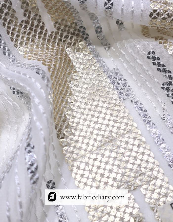 Elegant gold silver embroidered fabric – perfect for gowns, lehengas, and sarees