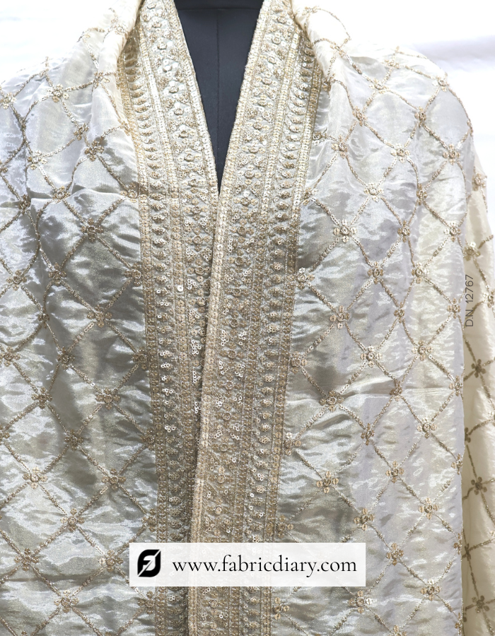 Gold tissue designer dupatta – embroidered scarf for ethnic garments