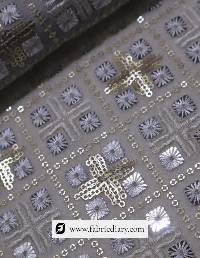 Designer sequin fabric with four-square embroidery pattern