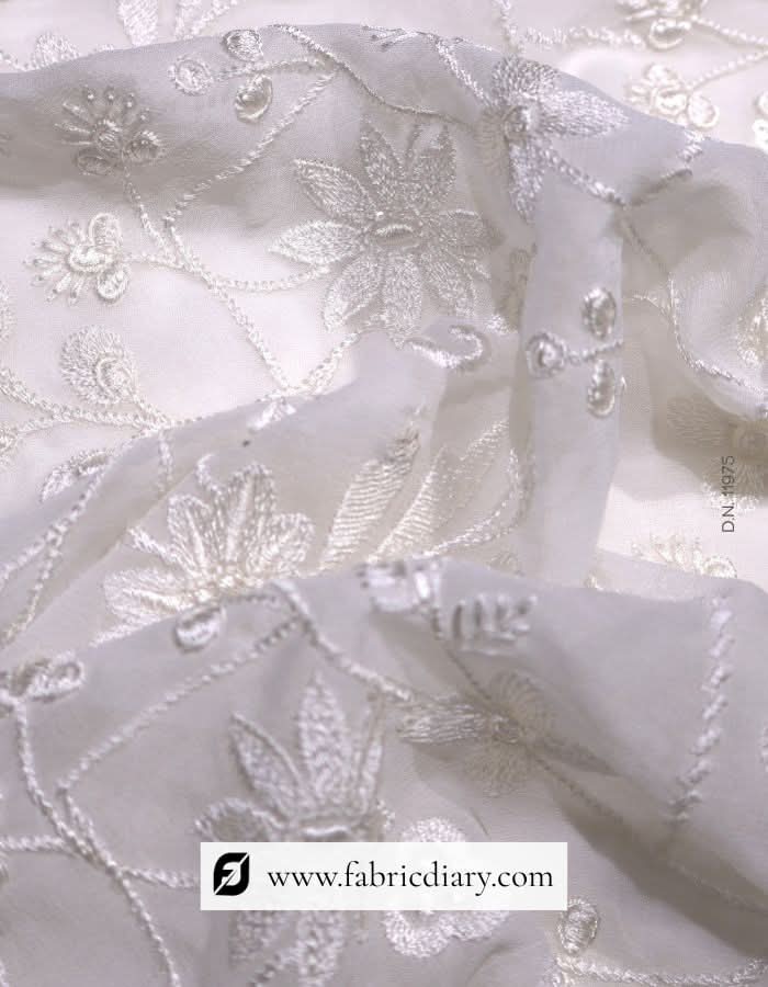 Heavy White Thread Embroidery Fabric on Georgette for Lehenga & Anarkali #11975