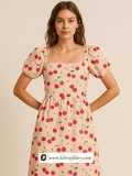 Cherry print on pure raw silk fabric