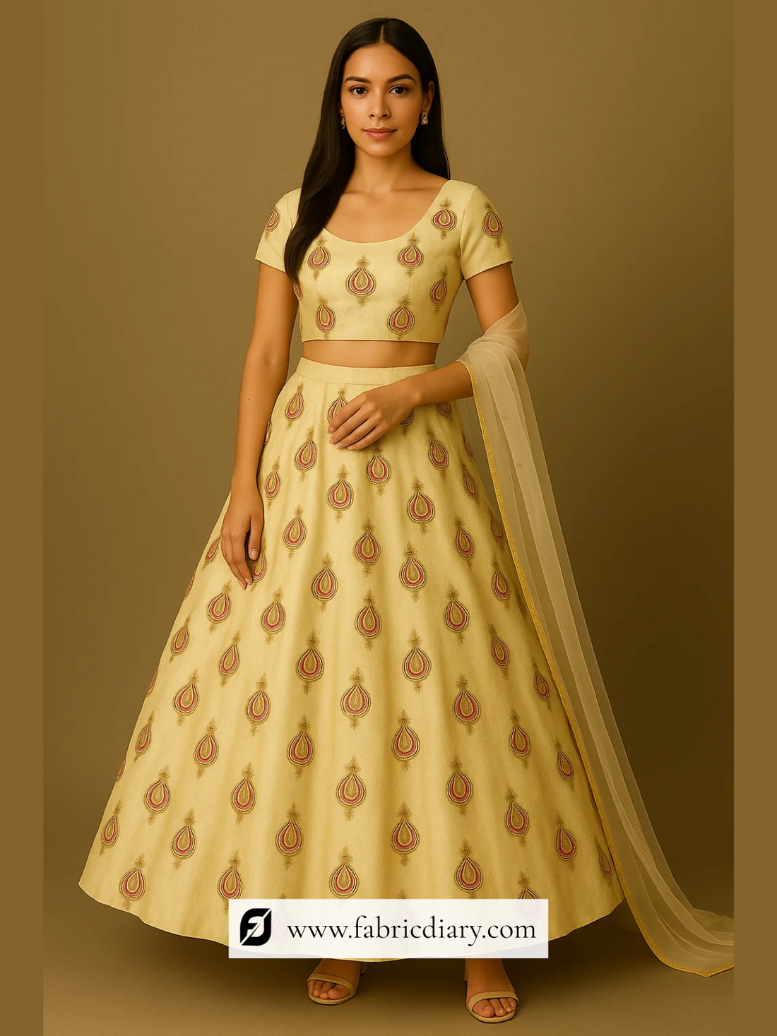 Lovely Golden Zari Butti Embroidery Fabric - Small Motif Fabric
