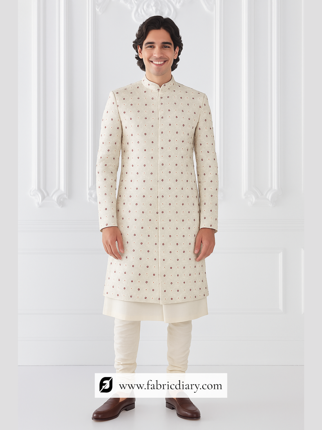 Off White Sherwani Embroidery Fabric