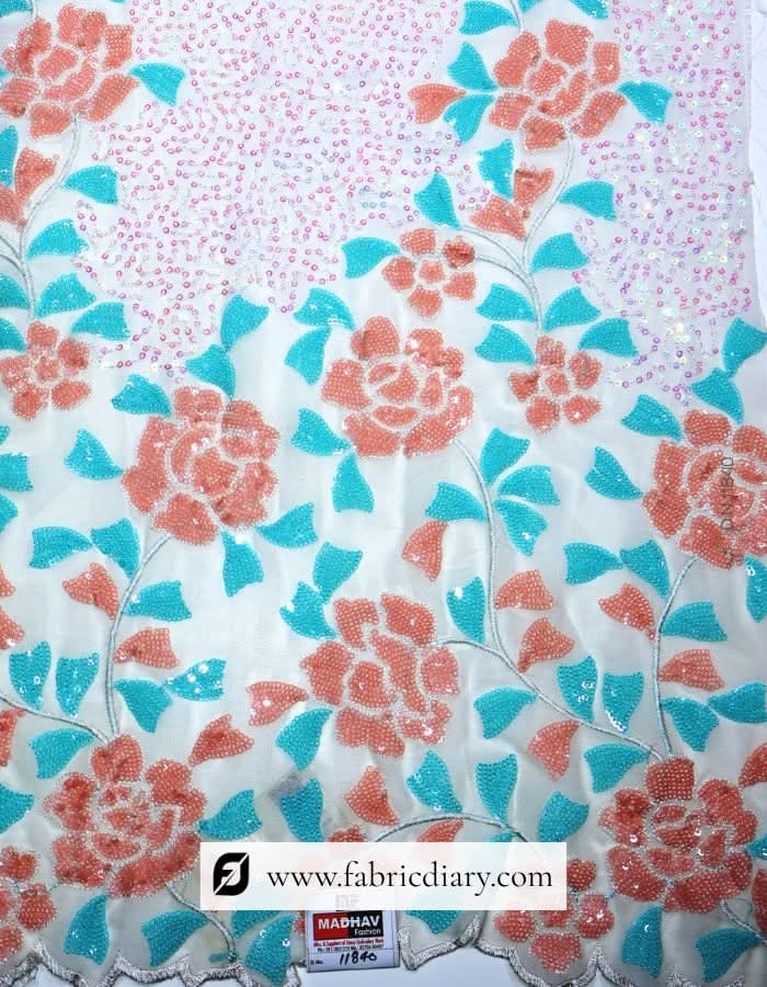 Peach & Sky Blue Sequins Fabric in Daman Style for Luxurious Garments #840