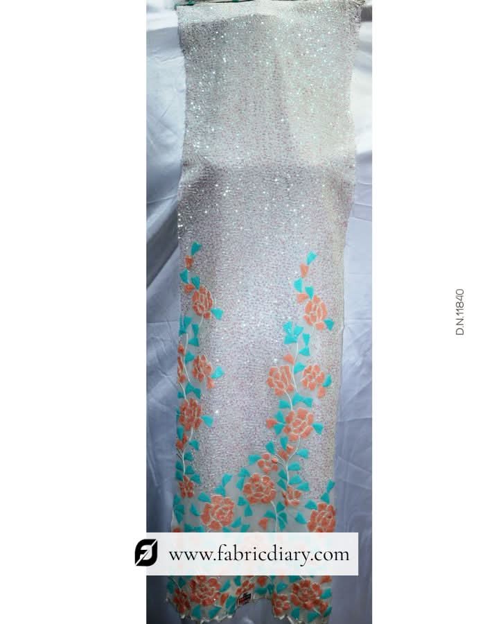 Luxury daman style sequin fabric – peach-blue ethnic textile manufacturer
