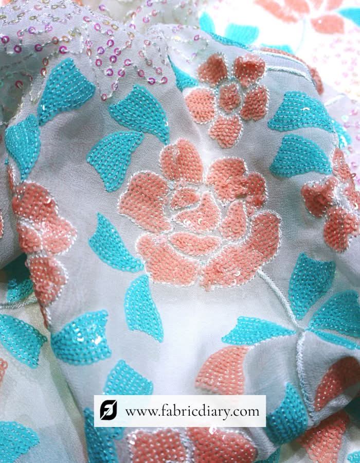 Peach & Sky Blue Sequins Fabric in Daman Style for Luxurious Garments #840