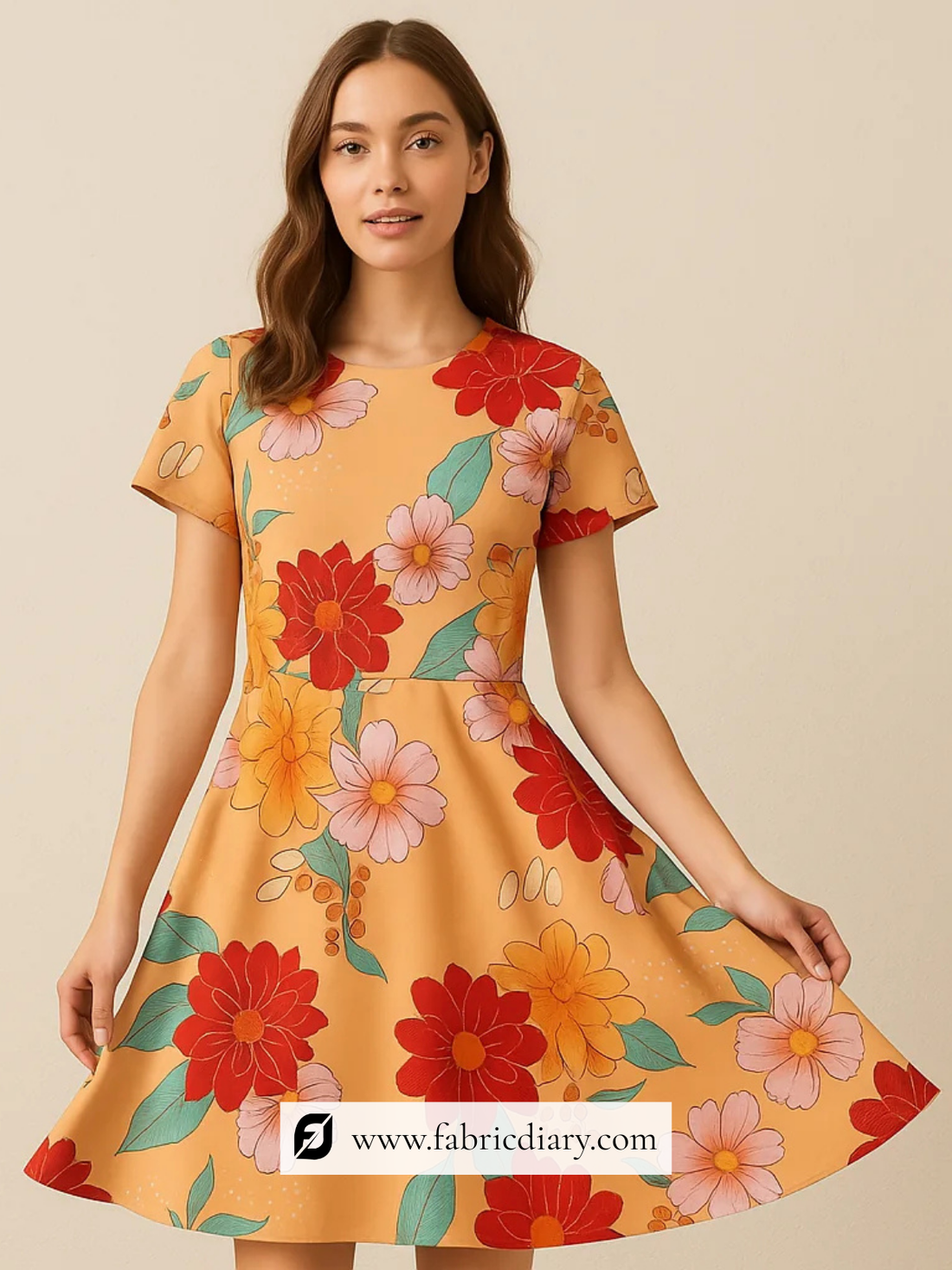 Printed Orange Linen Satin Fabric