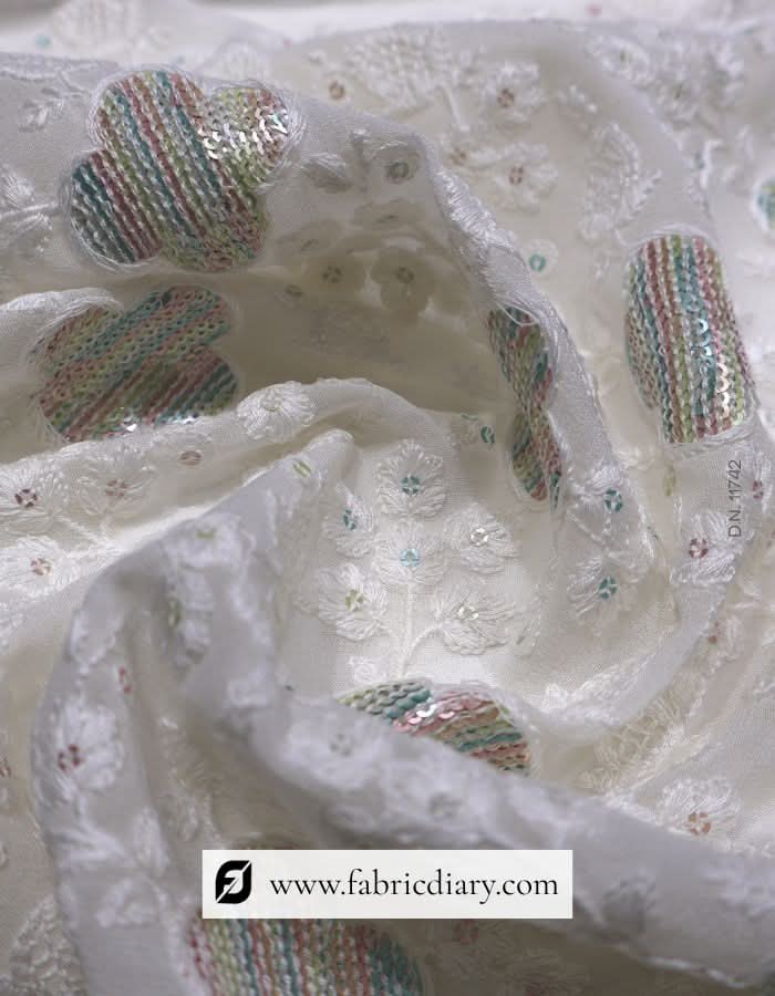 Royal Off-White Designer Sherwani Fabric with Multicolor Floral Sequins Design – #742