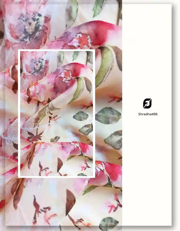 Peach Viscose Organza Fabric with Watercolor Floral Print