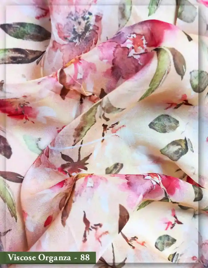 Peach Viscose Organza Fabric with Watercolor Floral Print