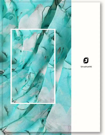 Mint Green Viscose Organza Fabric with White Floral Print