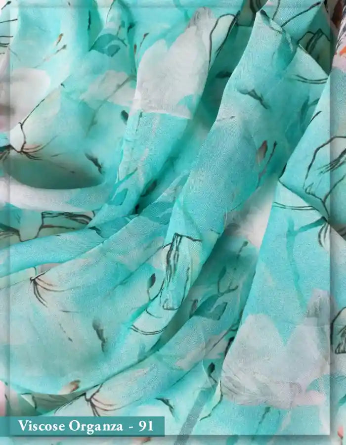 Mint Green Viscose Organza Fabric with White Floral Print