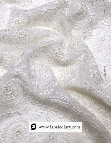 White Floral Embroidery Fabric with Sequins on Pure Georgette for Ethnic Wear #11974