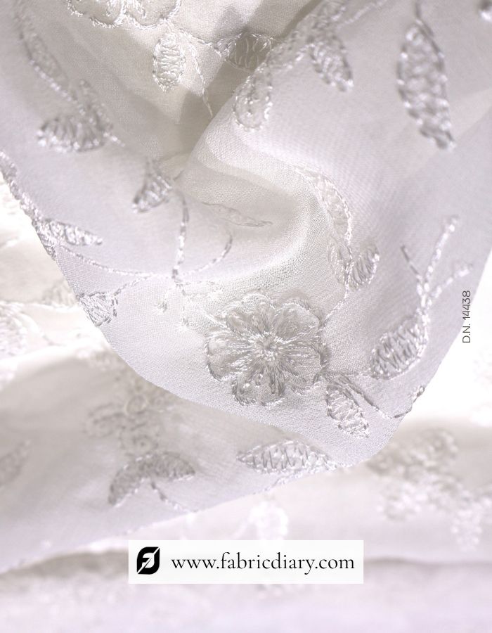 White Embroidery Fabric with Sequin Work on Georgette for Wedding Couture #14438