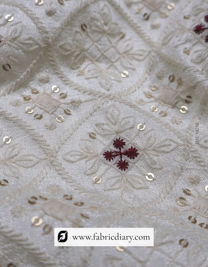 White Embroidered Sherwani Fabric With 3mm Sequins