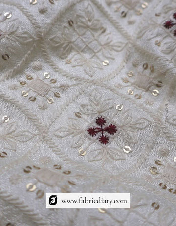 White Embroidered Sherwani Fabric With 3mm Sequins