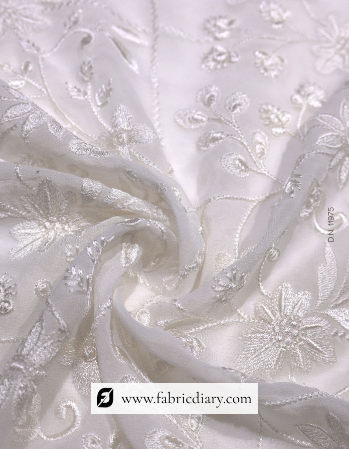 Heavy White Thread Embroidery Fabric on Georgette for Lehenga & Anarkali #11975
