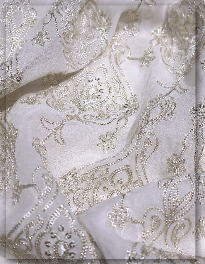 Designer Silver Chain-Stitch Paisley Embroidered Dupatta Fabric