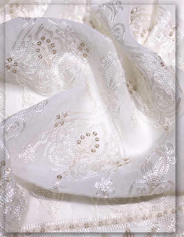 Chain-Stitch Floral Dupatta Fabric with Gold Sequin Accents