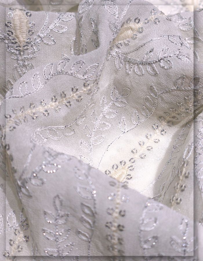 Floral Vine Chain-Stitch Embroidered Dupatta Fabric with Silver Accents