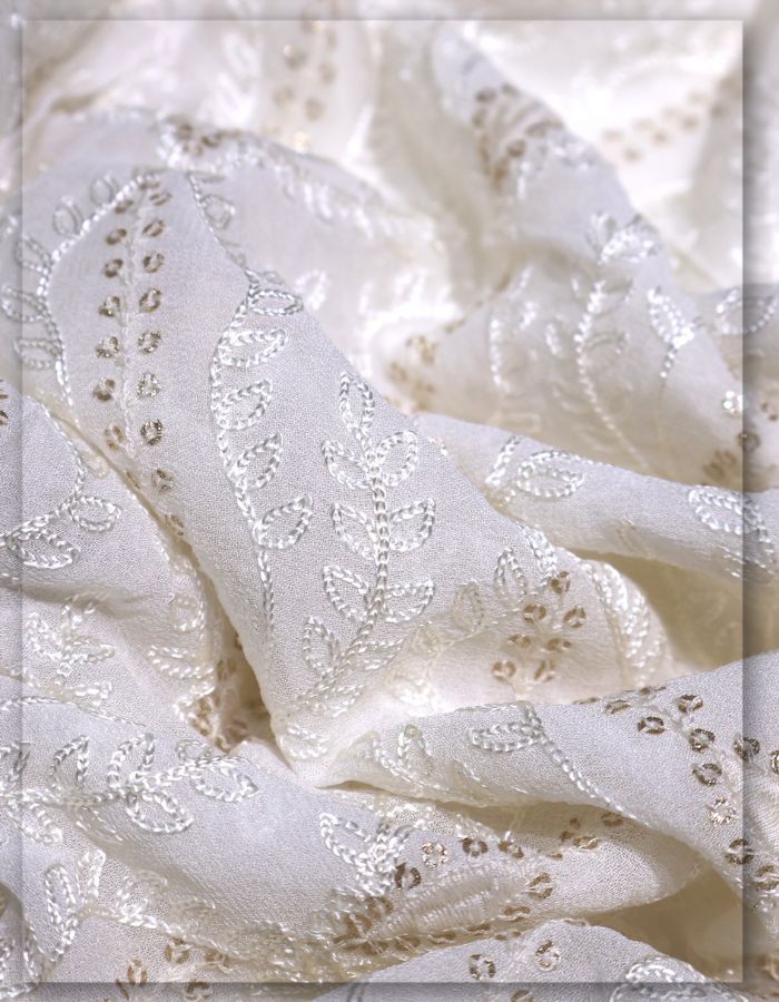 Delicate Leafy Trail Chain-Stitch Embroidered Dupatta Fabric with Gold Highlights
