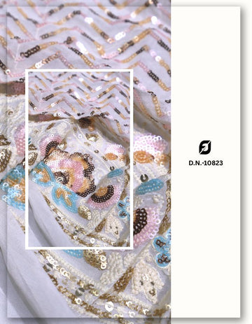 Bridal Zig-Zag Chevron & Floral Multicolor Sequin Daman Embroidery Fabric