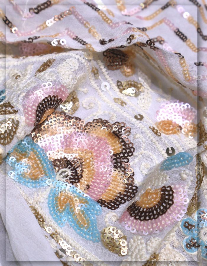 Bridal Zig-Zag Chevron & Floral Multicolor Sequin Daman Embroidery Fabric