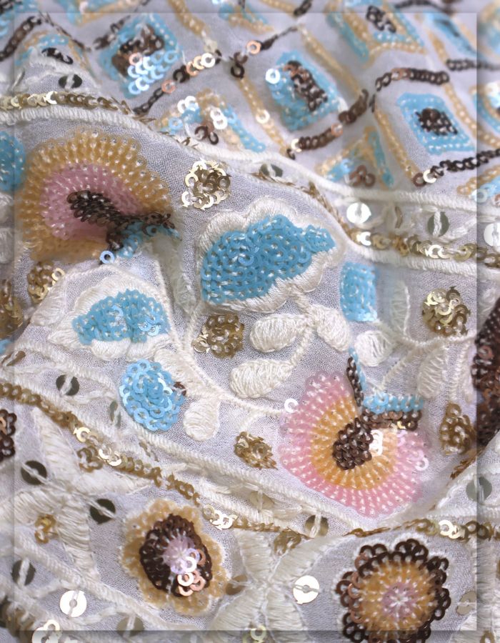 Partywear Diamond Geometric & Floral Multicolor Sequin Daman Embroidery Fabric