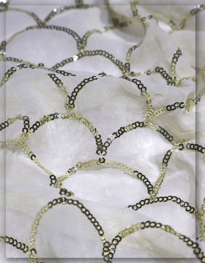 Geometrical Light Gold Sequins Embroidery Fabric for Saree & Dress - 10915