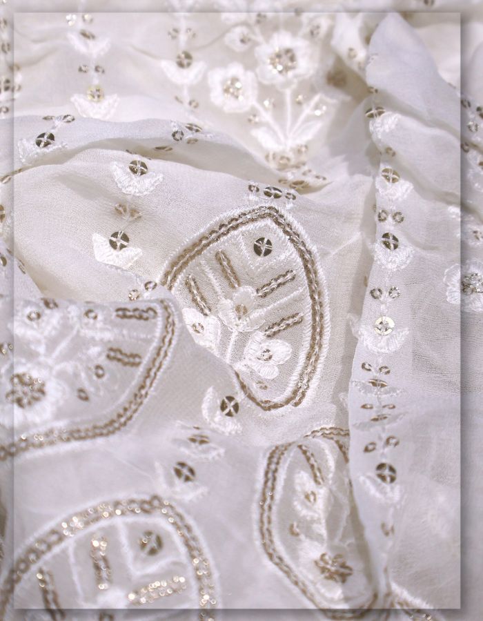 Premium Chikankari Style Kali Embroidery Fabric with Delicate Foil Mirror Work