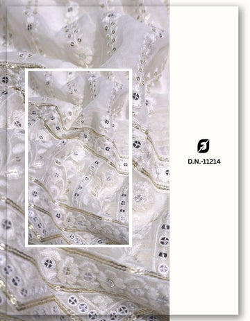 Traditional Floral Thread & Mirror Work Daman Embroidery Fabric with Zari Borders