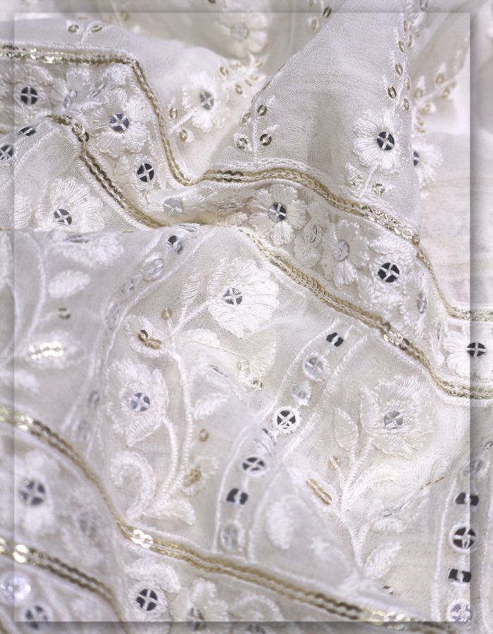 Traditional Floral Thread & Mirror Work Daman Embroidery Fabric with Zari Borders