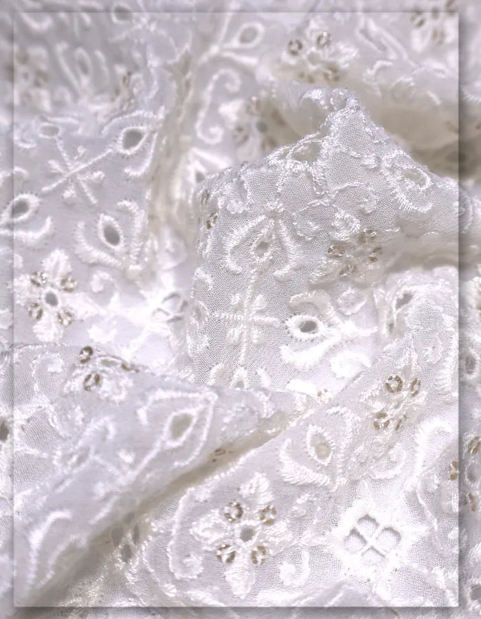 White Eyelet Embroidered Georgette Fabric for Asian Dresses #11381
