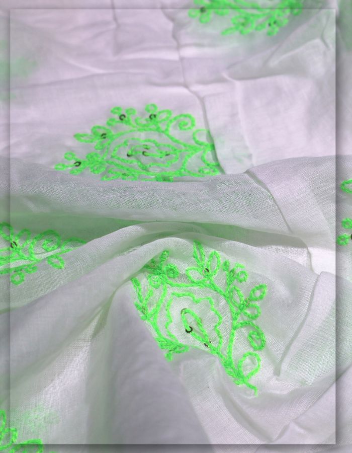 Vibrant Neon Green Cotton Butta & Sequin Embroidery Fabric