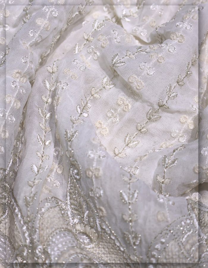 Floral Vine Daman Embroidery Fabric with Scalloped Border