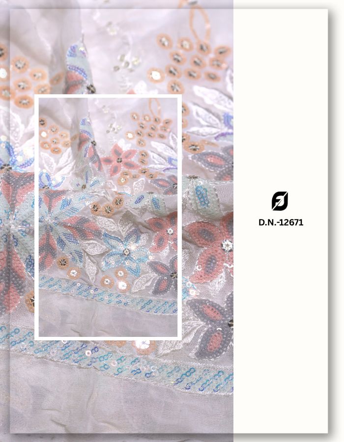 Floral Sequins High Border Daman Fabric - 12671