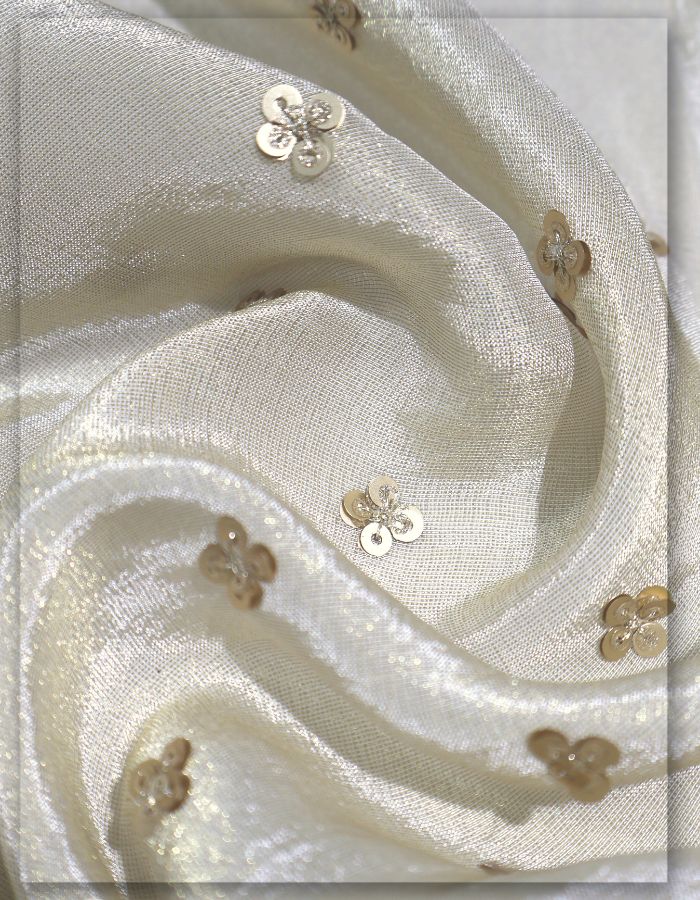 Dyeable Viscose Tissue Gold Fabric with 5mm Chandan Sequin Butti - 12800