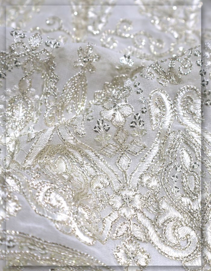Georgette Kali Embroidery Fabric For Bridal Gown - 12924