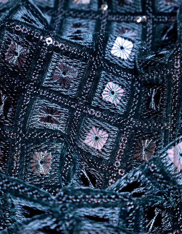 Dark Green Velvet Sequins Embroidery Fabric for Sherwani - 13735