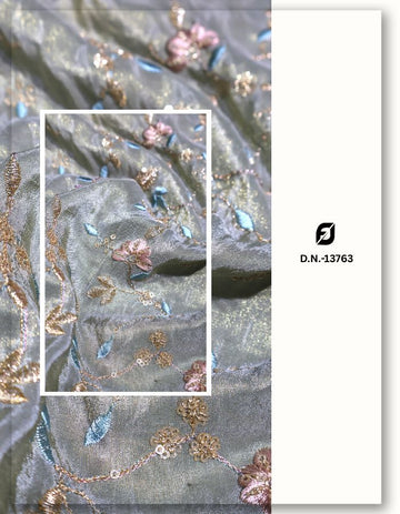 Floral Veil Leaf Zari & Thread Embroidery on Metallic Tissue Fabric