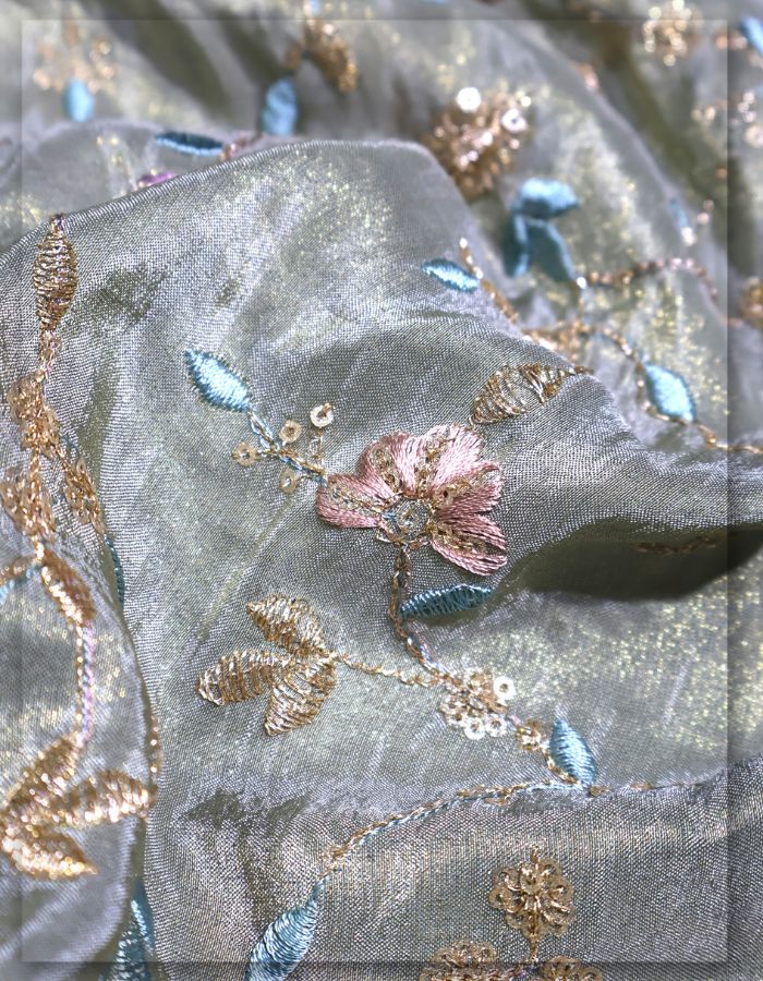 Floral Veil Leaf Zari & Thread Embroidery on Metallic Tissue Fabric