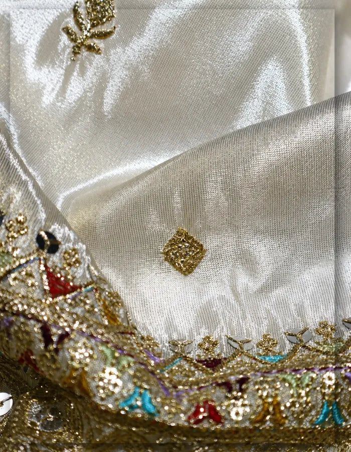 Wedding Geometric Multicolor Embroidered Tissue Lehenga Fabric - 14421